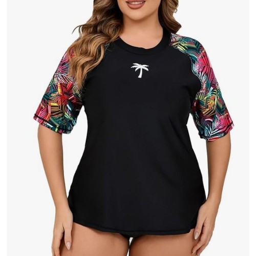 NEW Halcurt Rash Guard Swim Top 4X Black Colorful Sleeves Built-In Bra NWT Sz 28