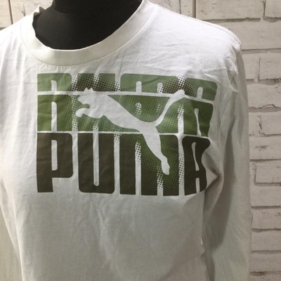 Puma Long Sleeve Logo T-Shirt White Green Graphic Crew Neck Casual Sportswear M