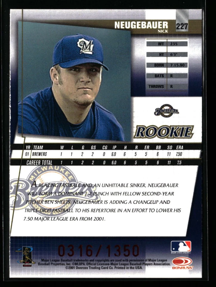 Nick Neugebauer 2002 Donruss Best of Fan Club #227 #/1350 Milwaukee Brewers - Image 2 of 2