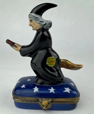 Limoges France HALLOWEEN WITCH Trinket Box Black Cat Moon Peint Main Rochard