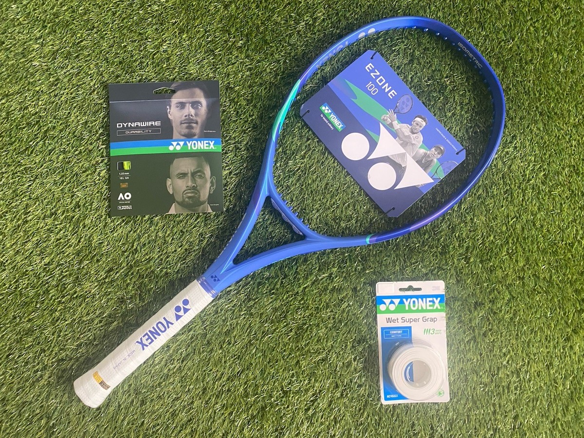 Yonex Ezone 100 Tennis Racquet 4 3/8 String & Over Grip 3 Pack for