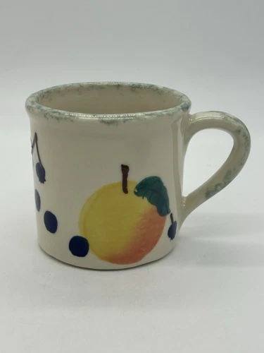 Hartstone Pottery Peach Pear Cherries Blueberries w/ Green Rim Coffee Mug VTG