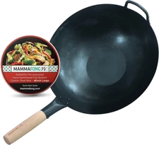 Large Flat Bottom 16-Inch Traditional Carbon Steel Wok Pan - Authentic Hand Hamm