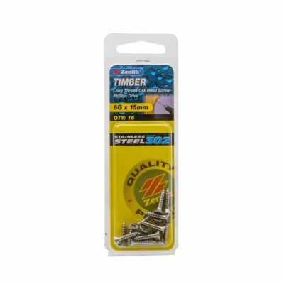 Zenith 6G x 15mm Stainless Steel Long Thread Countersunk Head Timber Screws - 16