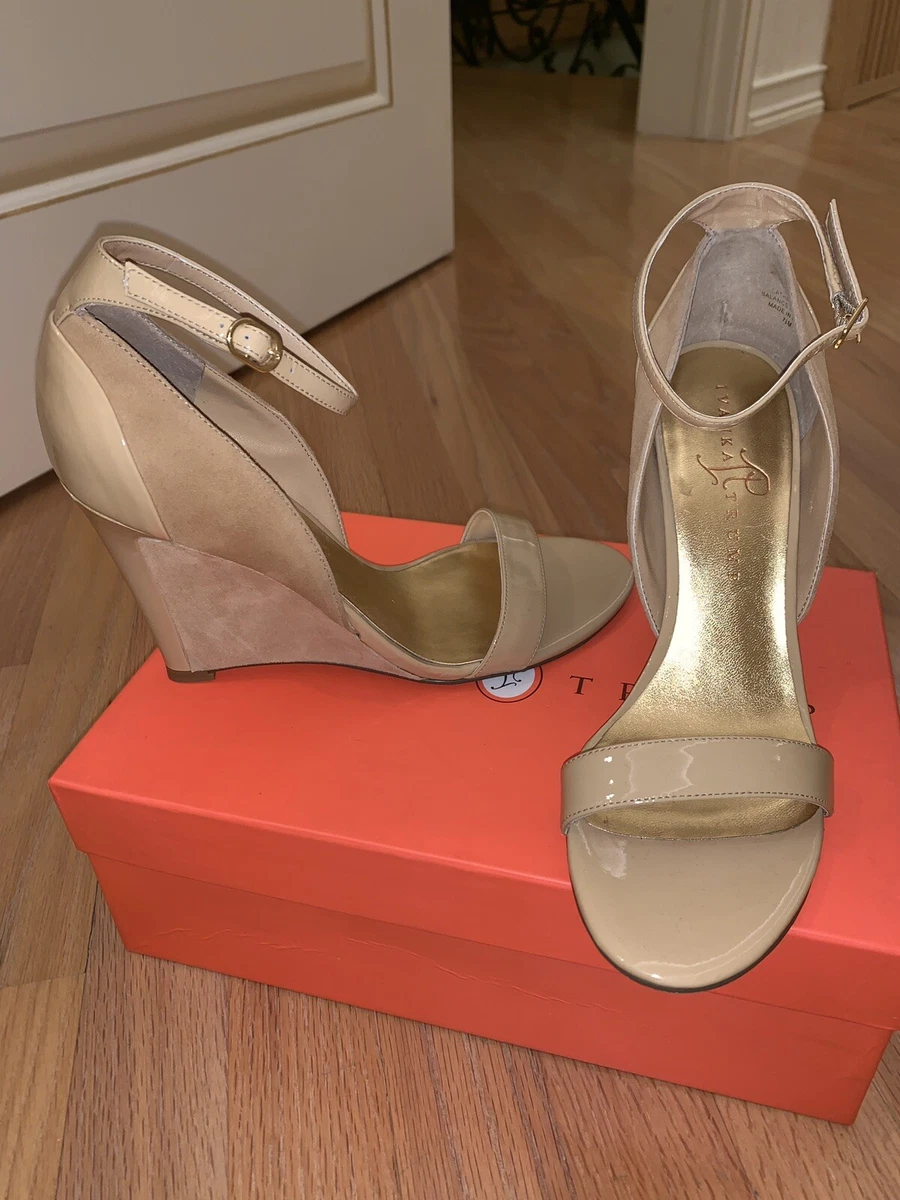 Ivanka Trump Nude Open Toe Black Ankle Strap Wedge Heel Sandal