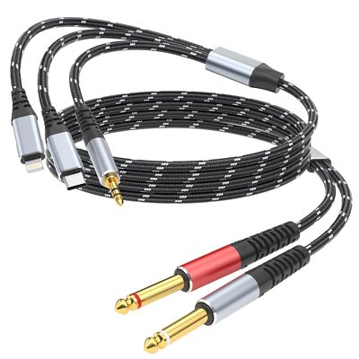 Lightning to Dual 6.35mm 1/4'' TS Mono Stereo Y-Cable Splitter3 in 1 to Dual 1...