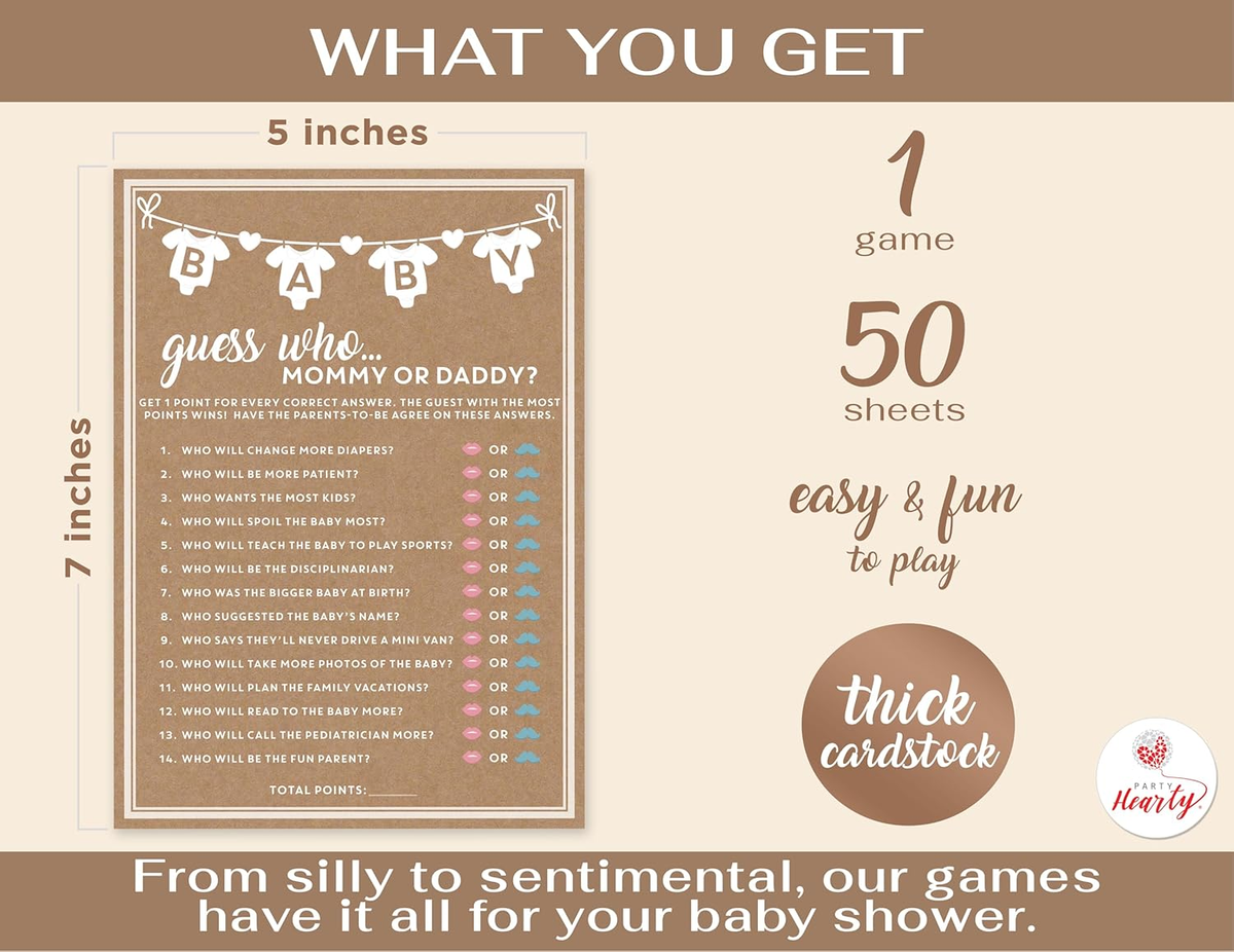 Baby Shower Guess Who Game - 60 Kraft Paper Cards For Mommy Or Daddy Prediction