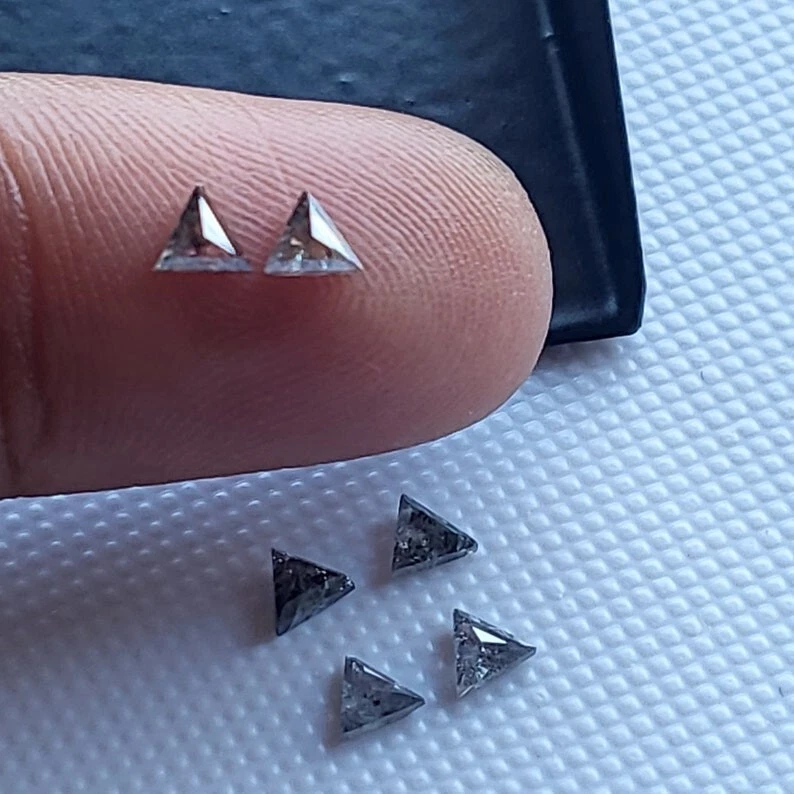 3.0mm Triangle Cut Clear Gray Salt and Pepper Faceted Rose Cut Diamond 2Pcs Pair - Image 2 of 4