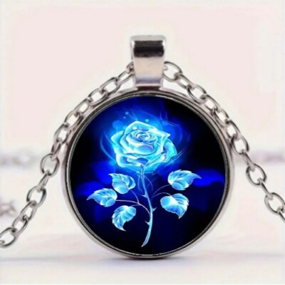 Blue Rose Flower Charm Round Pendant Necklace | eBay
