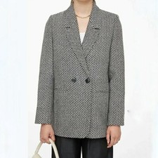 £450 Anine Bing Tweed Womens Black White Grey Herringbone Fishbone Blazer Size L