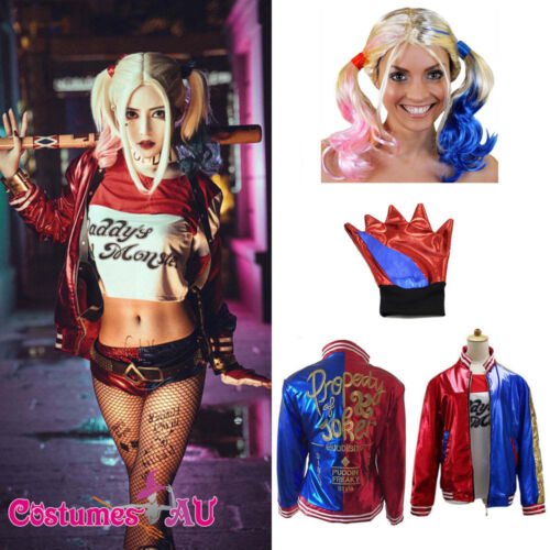 Ladies Harley Quinn Harlequin Suicide Squad Jacket T-shirt Costume Wig Gloves - Photo 1 sur 6