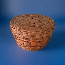 Vintage Small Hand Woven Covered Splint Basket 5” X 3” Country Farmhouse Decor