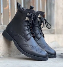 Black Leather Kilt Boot Scottish Ghillie Brogues Boots In Rubber & Leather Sole