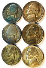 Six  War Time Silver Nickles. 1942, 1944, 1945. Circulated and Worn.