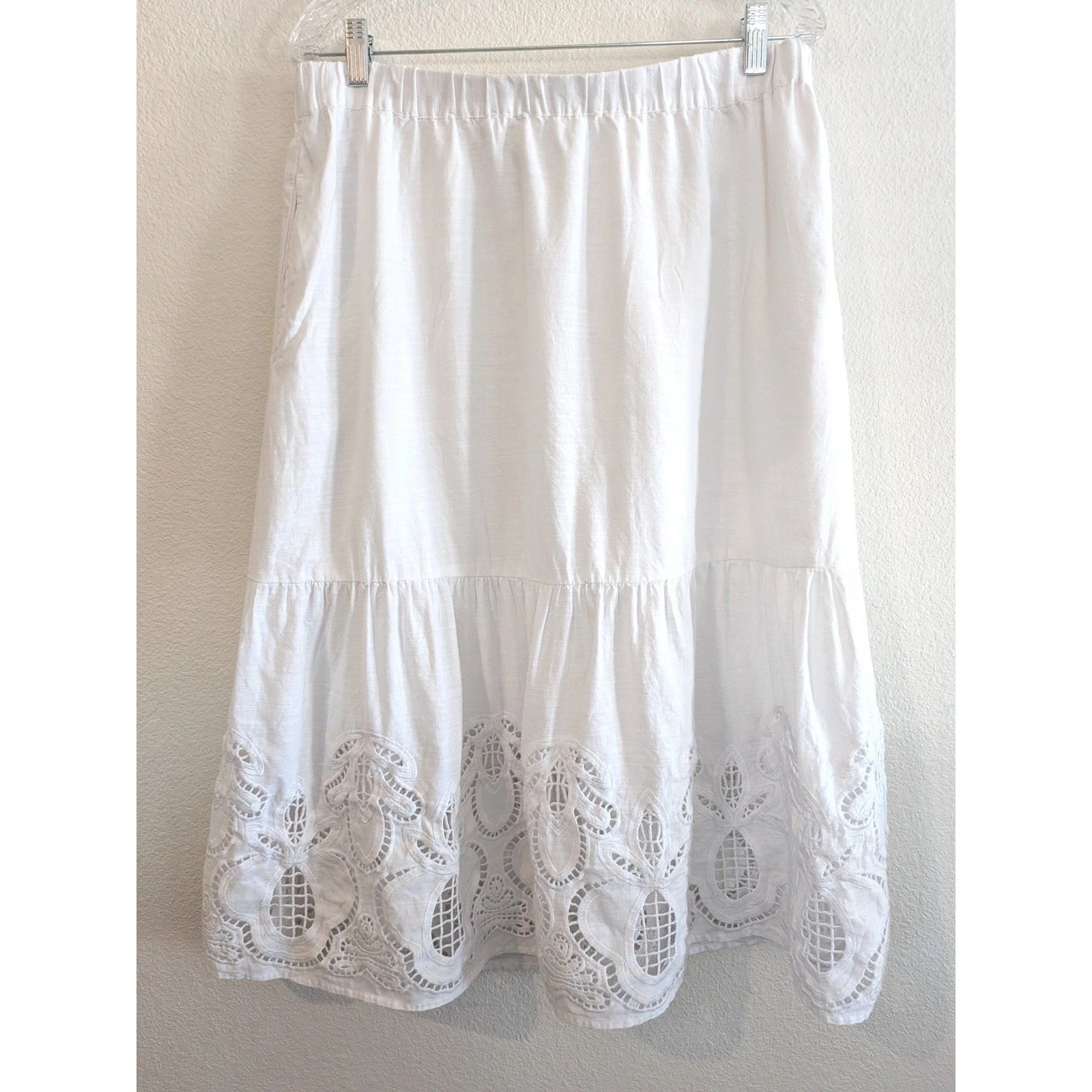 Talbots PM Embroidered Fit & Flare Skirt White Linen Cotton Eyelet Lace Pockets