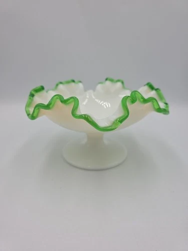 Vtg MC Fenton Compote Green Crested Milk Glass Ruffle Crimped Edge Candy Dish
