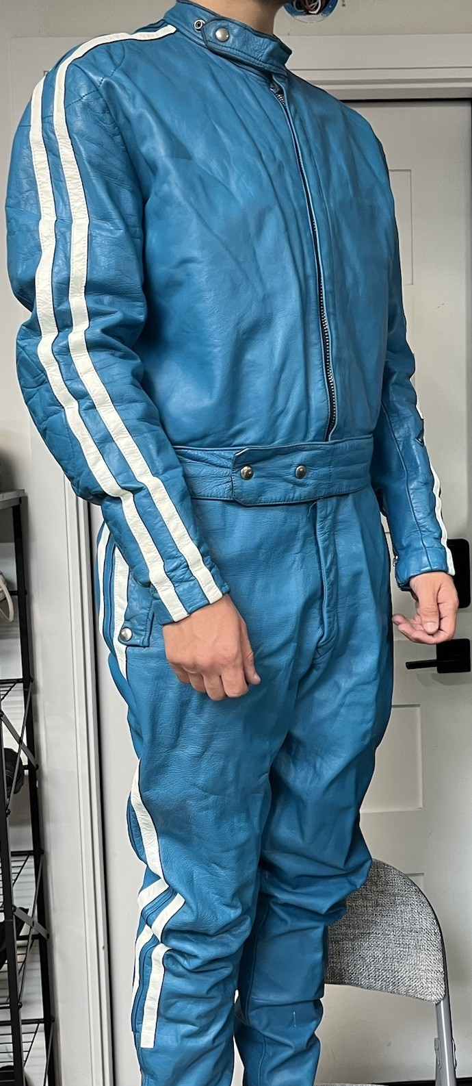 70s blue striped Lewis Leathers Aviakit One Piece Racing Suit. Made in England.