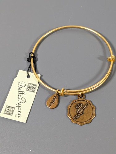 Bella Ryann Initial Letter Y Charm Bangle Bracelet Stacking Antiqued Gold Tone