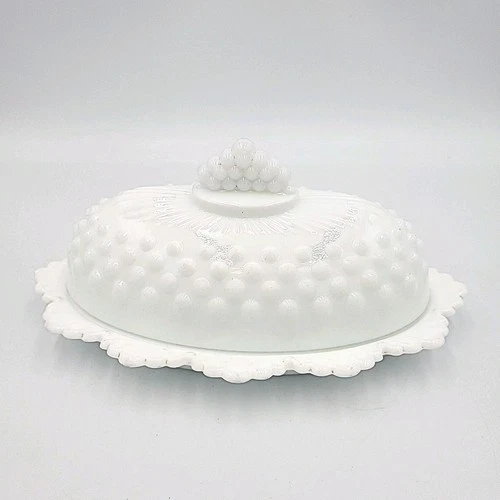 Vintage Fenton White Milk Glass Hobnail Oval Covered Butter Dish, AS IS *READ