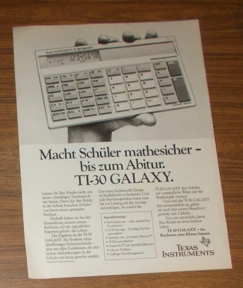 Seltene Werbung TEXAS INSTRUMENTS TI-30 GALAXY Taschenrechner #2 1984 - Bild 1 von 1