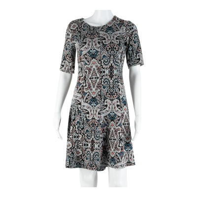 MONSOON Damen Skaterkleid Schwarz Crazy Pattern Kurzarm Knielang UK 10