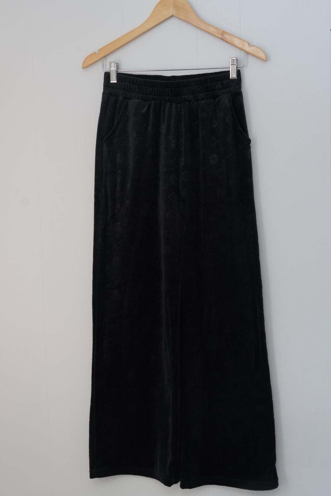 Sweatpants Womens Medium Black Velour Wide Leg Geometric Lounge Pants Casual-image