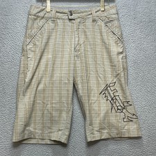 FOX Racing Mens 32 Plaid Stripe Shorts Beige Embroidered Logo Casual Skater