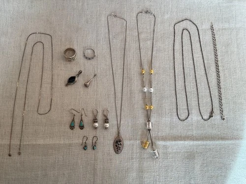 Vintage-Modern Sterling Silver Jewelry Lot Rings Pendants Chains Earrings 64gm +