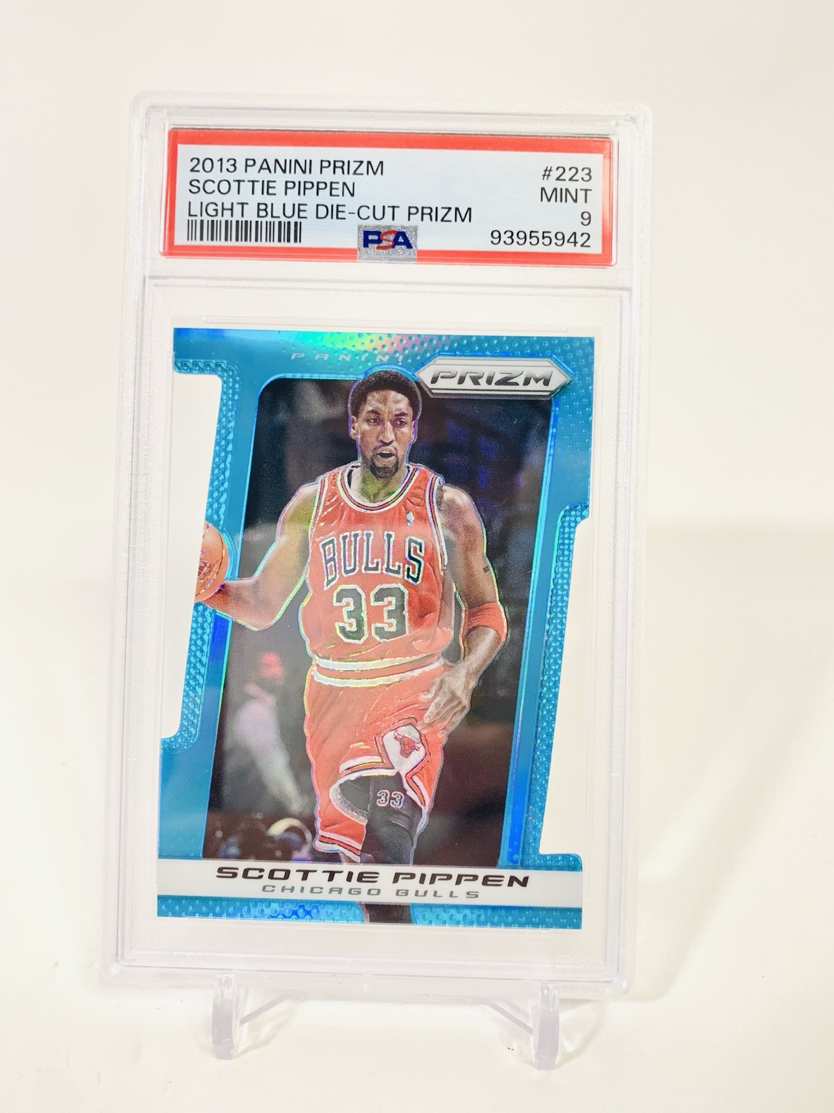 2013-14 Panini Prizm #223 Scottie Pippen Light Blue Die-Cut /199 PSA 9