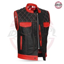 SOA Men  s Black / Red Leather Biker Diamond Club Style Motorcycle Studded Vest