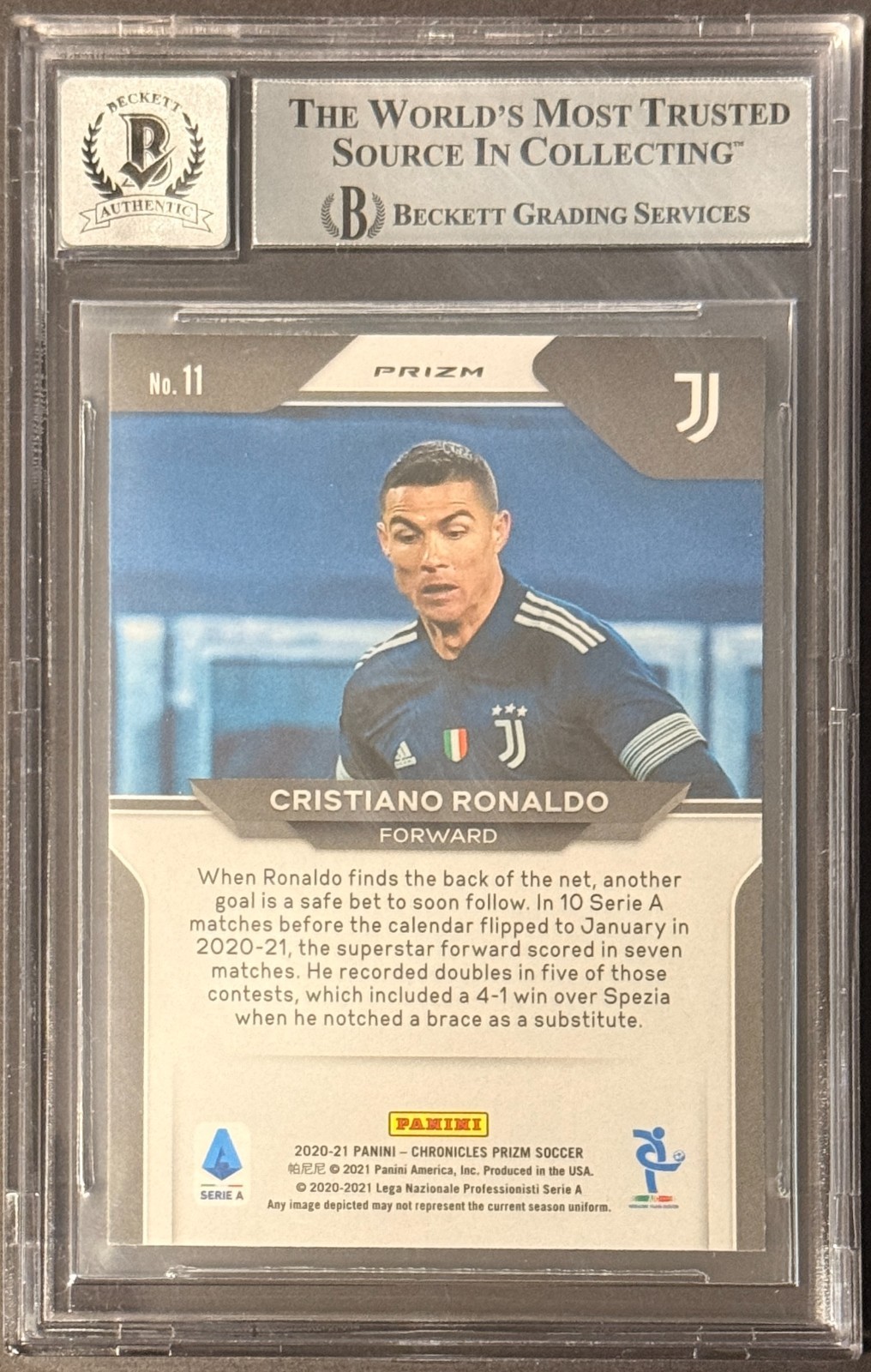 2020-21 Panini Prizm Serie A Purple Mojo Cristiano Ronaldo #11 Beckett AUTO 10 view 2