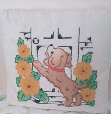 Vintage Crewel/Embroidery Puppy at the Door Pillow