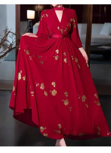 Französischer Stil Damen lang Puffärmel Chiffon Pailletten mittellang Swing Abendkleid - Bild 27 von 27