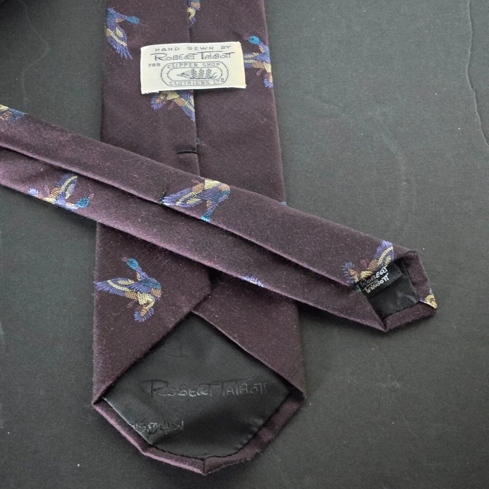 Corbata de lana de seda Robert Talbott 57 pulgadas tejida a mano pato pájaro púrpura Foto 4 de 4