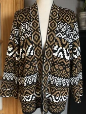 Ruby Lane USA Open Front Cardigan Woman’s 2X Geometric Tan Metallic Gold Cabin
