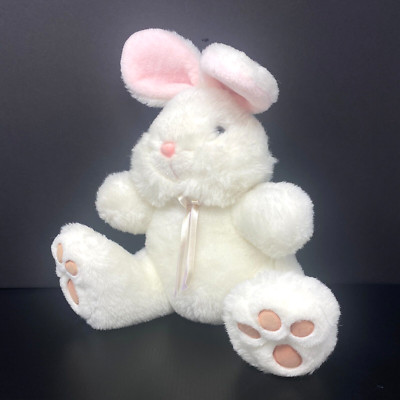 Dan Dee White Bunny Rabbit Plush Pink Ears Paw Print Feet Sits Stuffed Animal