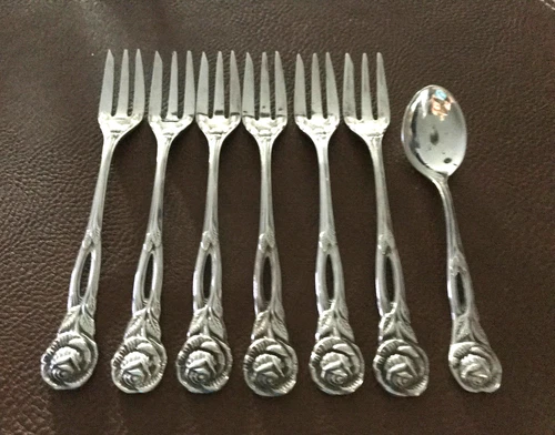 WMF 90  ROSE Cake Forks & Demitasse Spoon Silver Plate Germany 7 Pcs EUC