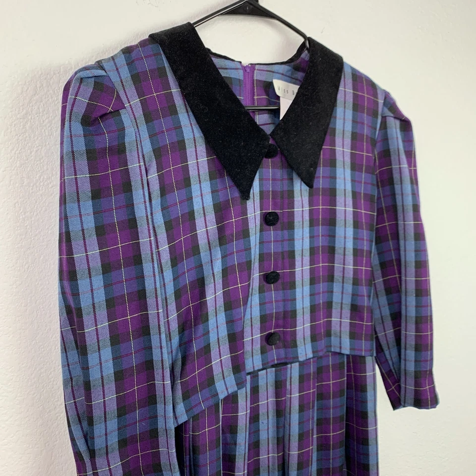 Vestido de Colección Años 80 Miss Dorby Cuadros Púrpura Cuello Modesto Manga Larga 10 Foto 2 de 4