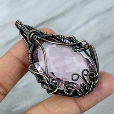 Pink Kunzite Wire Wrapped Pendant Handcrafted Copper Unique Jewelry 2.76"