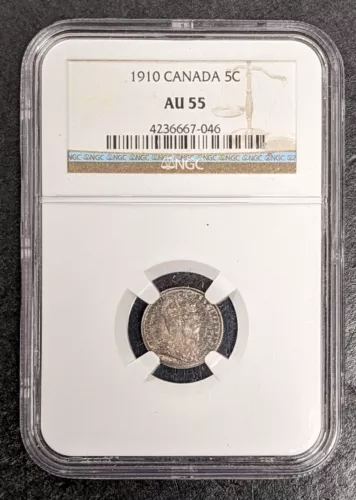 1910 Canada Silver Edward VII 5 Cent Maple or Round Leaves NGC AU 55