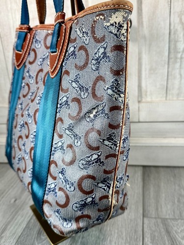 Celine Macadam Pattern Shoulder Bag Tote Authentic Brown Logo Aqua Handles - Picture 6 of 23