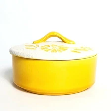 Vintage Trinket Dish with Lid - Sunny Yellow with Textured White & Yellow Flower