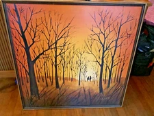 Vtg mid Century Modern mcm  Oil Painting Impressionist  trees Signed G. Rills