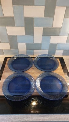 4er Set Vintage Arcoroc Torsade Saphir Blau Glas Speiseteller
