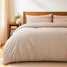 Brown Gingham Duvet Cover Set Twin XL Khaki Beige Plaid Checkered Comforter C...