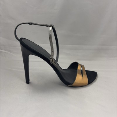Tibi Strappy High Heels Womens Size 39 1/2 Black Gold Metallic Open Toe Heels