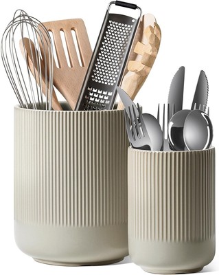 2 Pack Ceramic Utensil Holder, 7.3''+5.4'', Utensil Crocks for Kitchen Counter