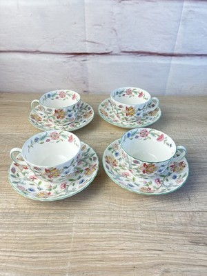Minton England Haddon Hall Bone China Tea Cup Saucer Set of 4 Green Edge vtg
