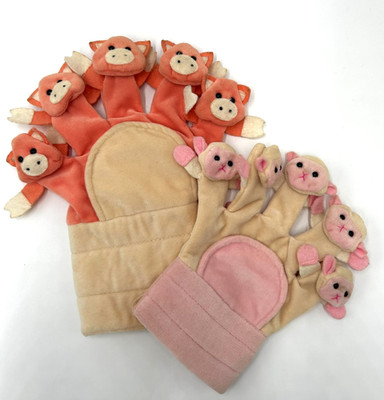 2 Chrisha Playful Plush Creations Pig & Lamb Adult Hand Finger Puppet Gloves VTG