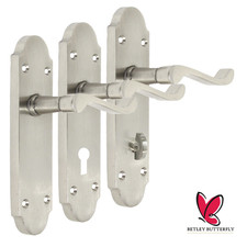 Door Handle Modern Scroll Epsom polish Satin handles, Bath Lock Latch 168 x42mm